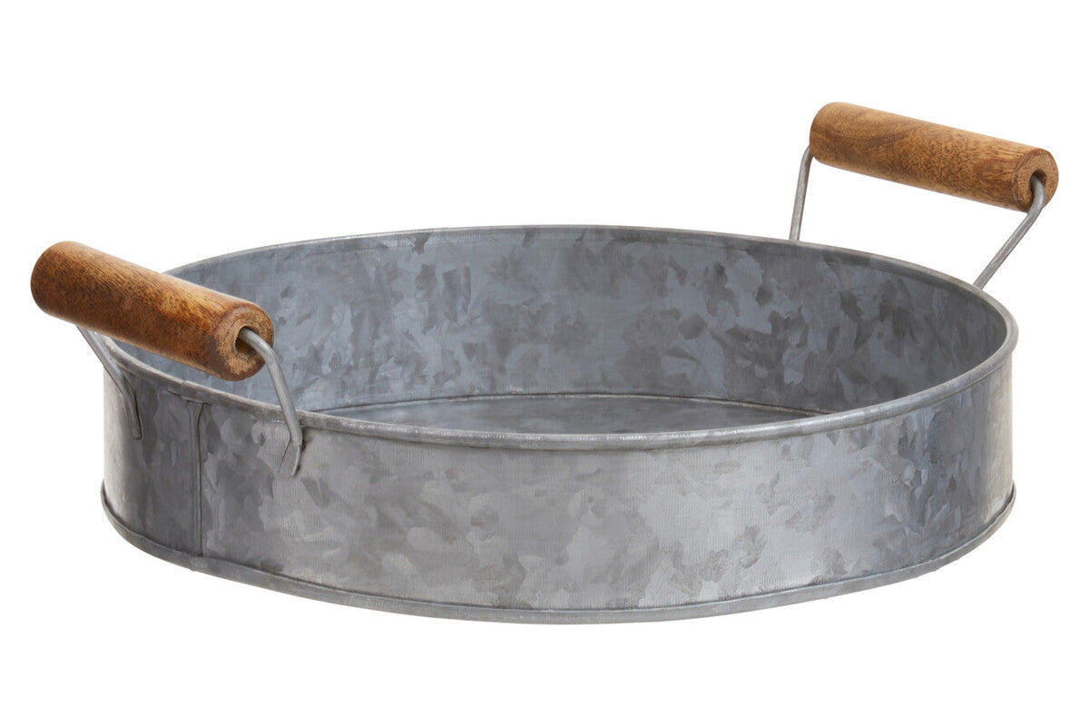 Galvanised Steel Round Tray with Wood Handles | Drummond