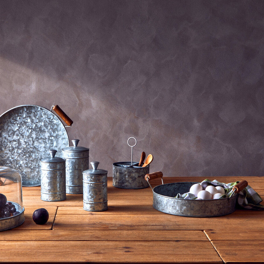 Galvanised Steel Round Tray with Wood Handles | Drummond