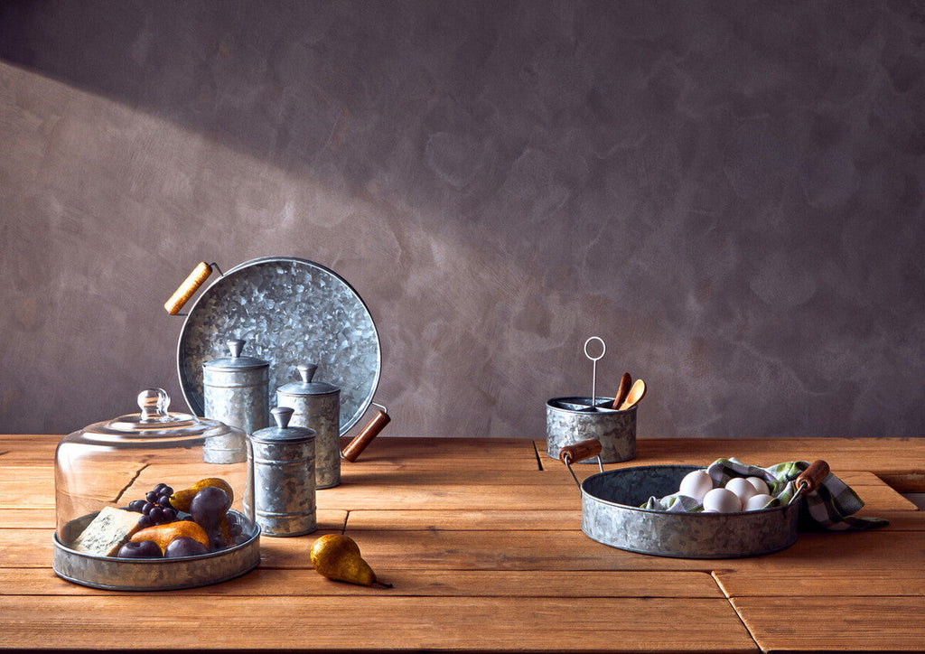 Galvanised Steel Round Tray with Wood Handles | Drummond
