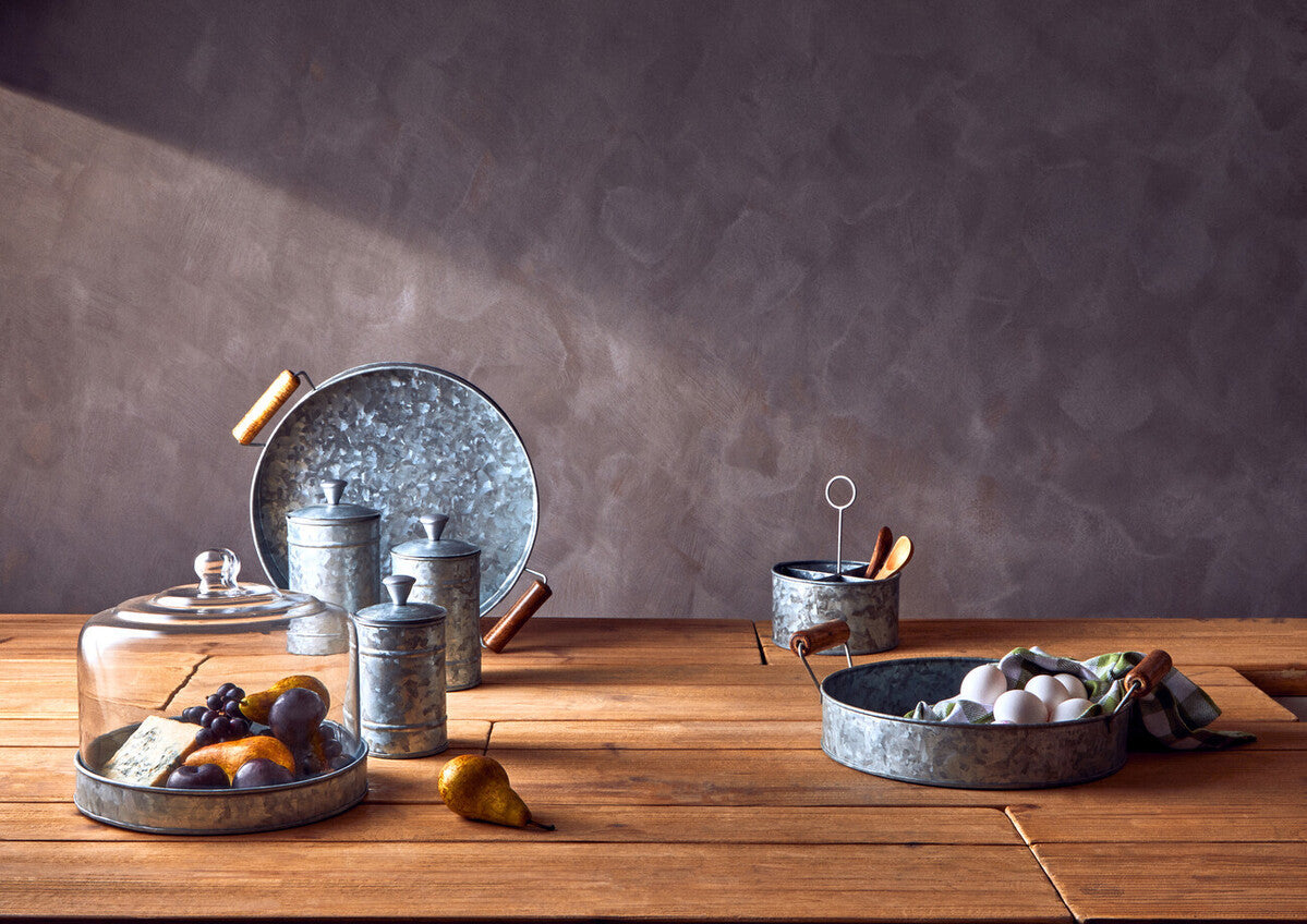 Galvanised Steel Round Tray with Wood Handles | Drummond