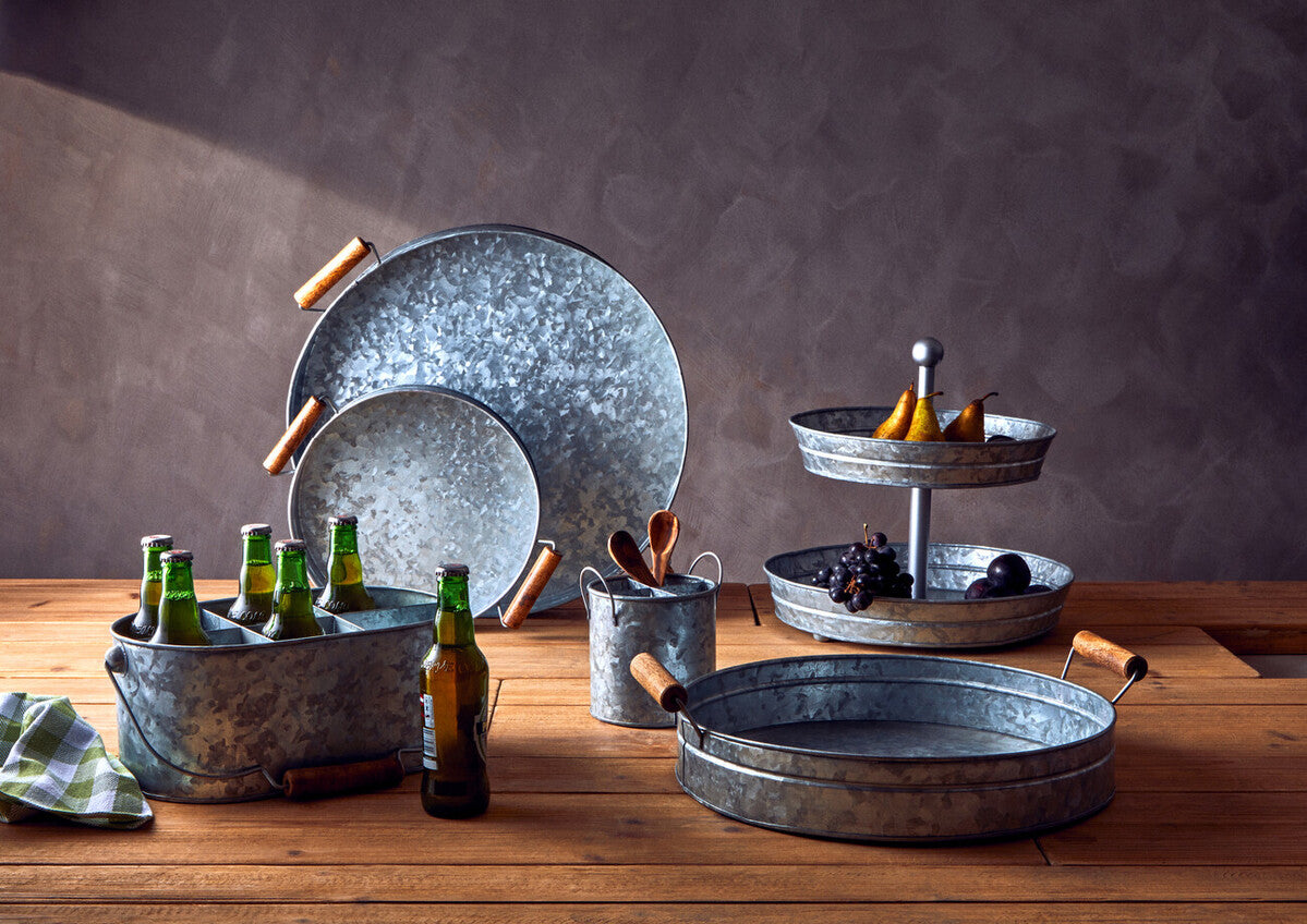 Galvanised Steel Round Tray with Wood Handles | Drummond