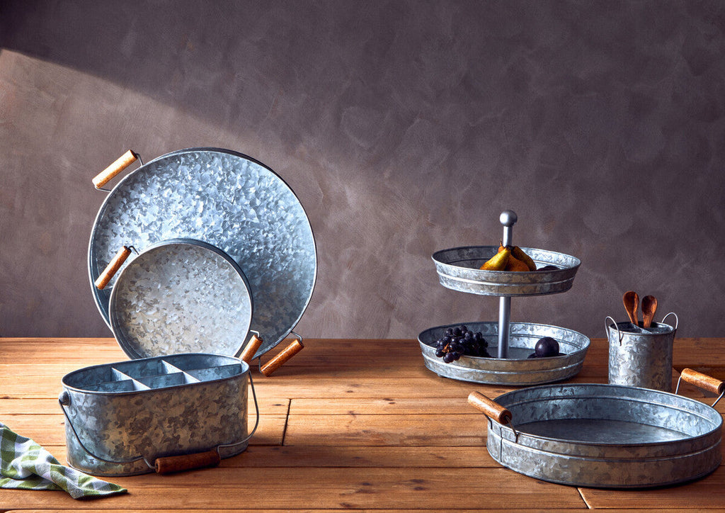Galvanised Steel Round Tray with Wood Handles | Drummond