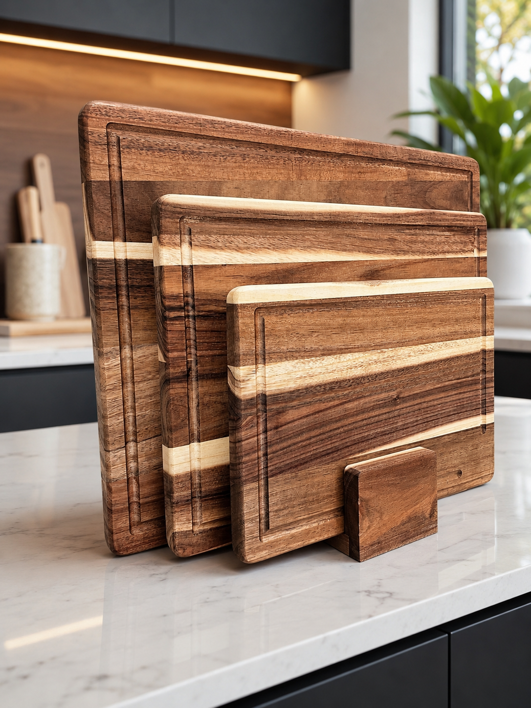 Premium Acacia Wood Chopping Board Set with Stand – 4 Piece Kitchen Collection