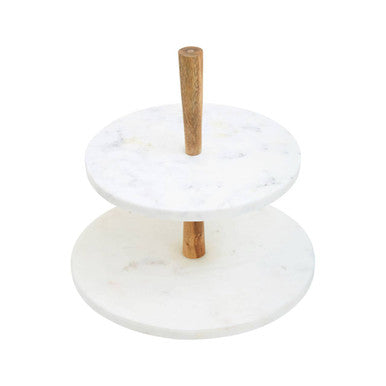 Two Tier Marble and Acacia Wood Cake Stand | Monzaro