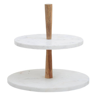 Two Tier Marble and Acacia Wood Cake Stand | Monzaro