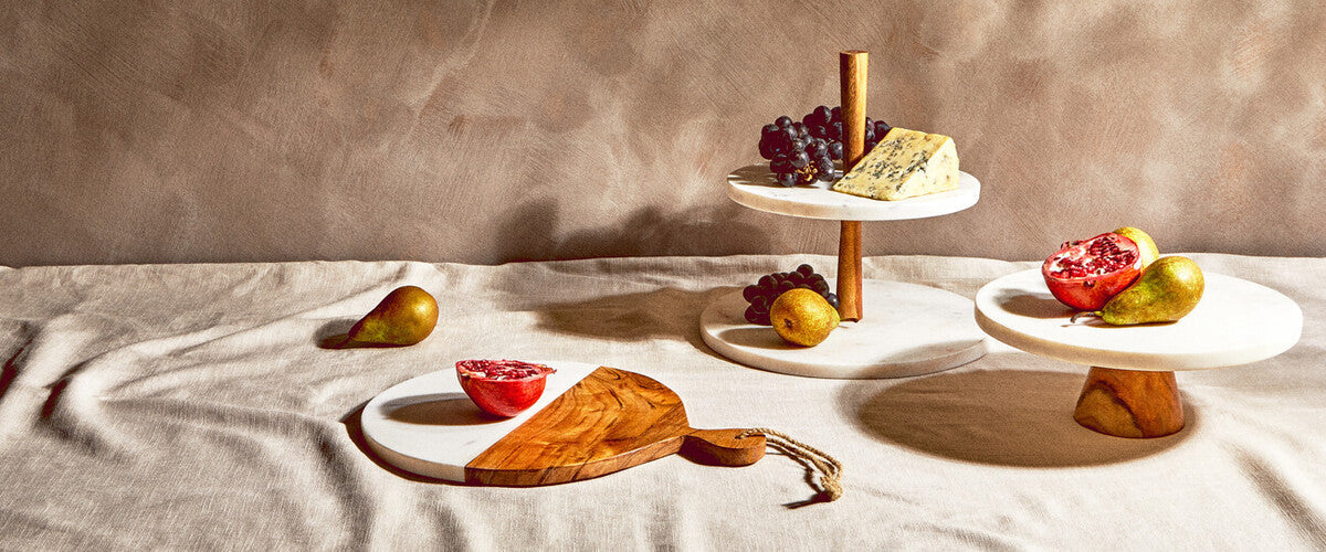 Two Tier Marble and Acacia Wood Cake Stand | Monzaro