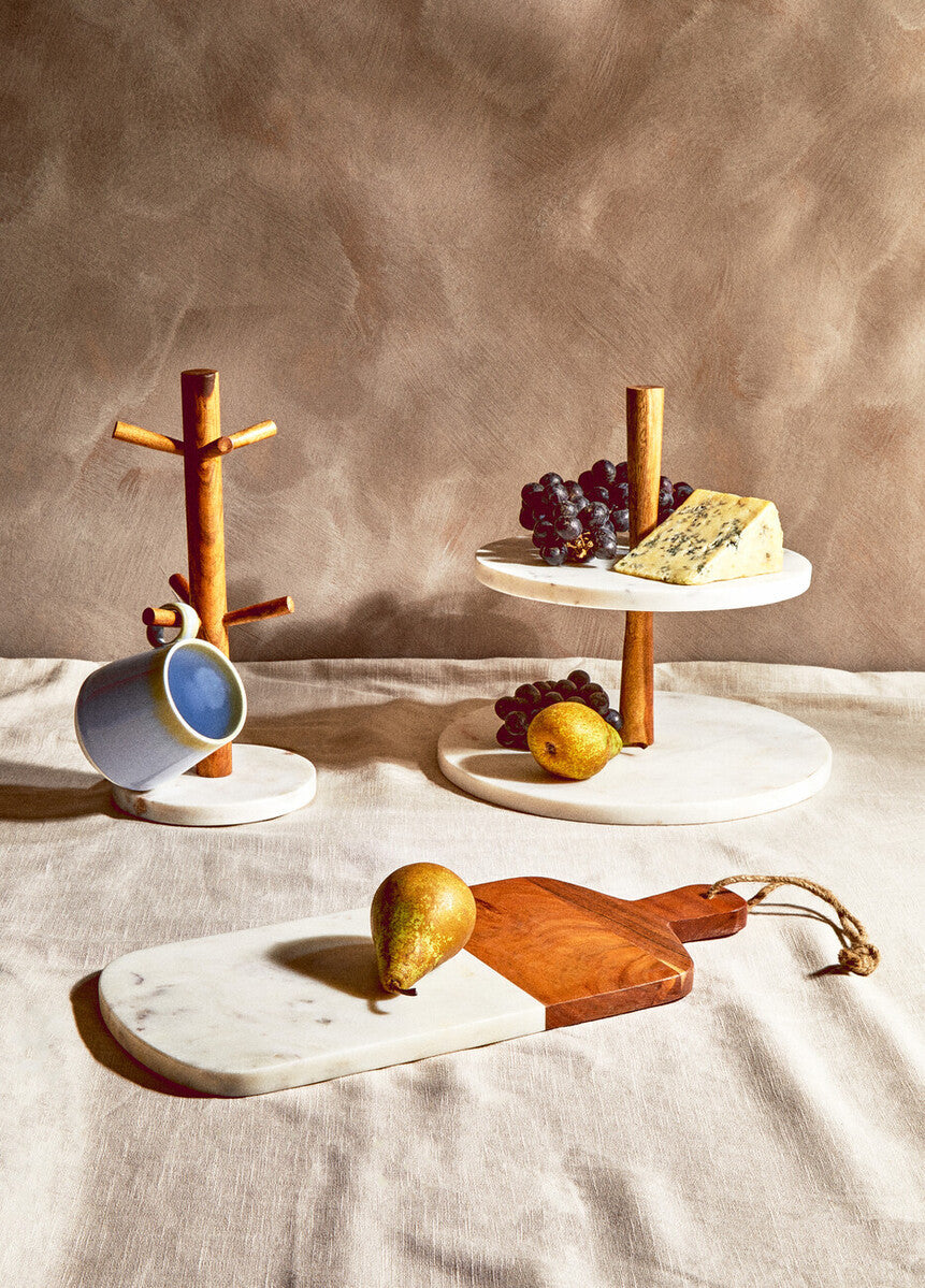 Two Tier Marble and Acacia Wood Cake Stand | Monzaro