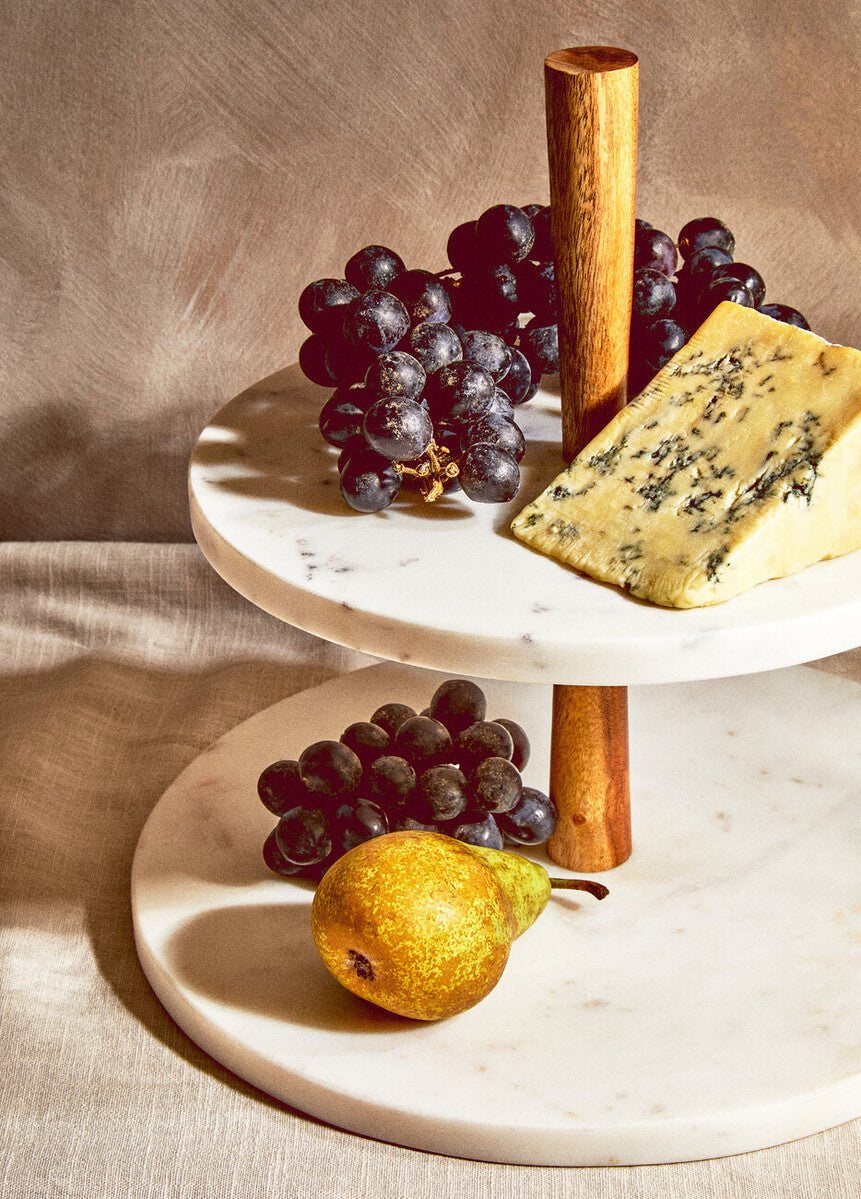Two Tier Marble and Acacia Wood Cake Stand | Monzaro