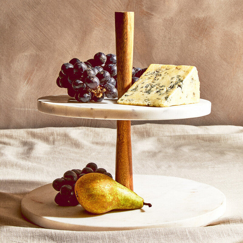 Two Tier Marble and Acacia Wood Cake Stand | Monzaro