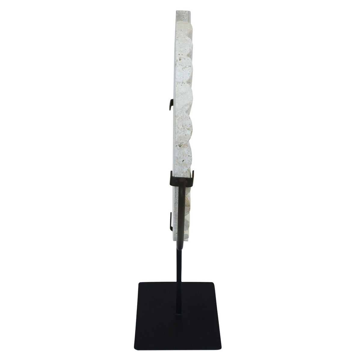 Travertine Ridged Disc Sculpture with Black Metal Base | Tibor