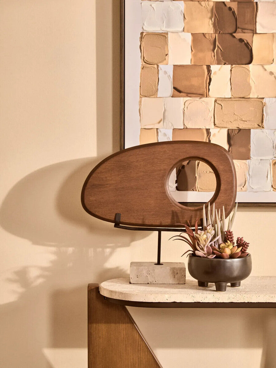 Natural Wood Horizontal Sculpture with Travertine Base | Westo