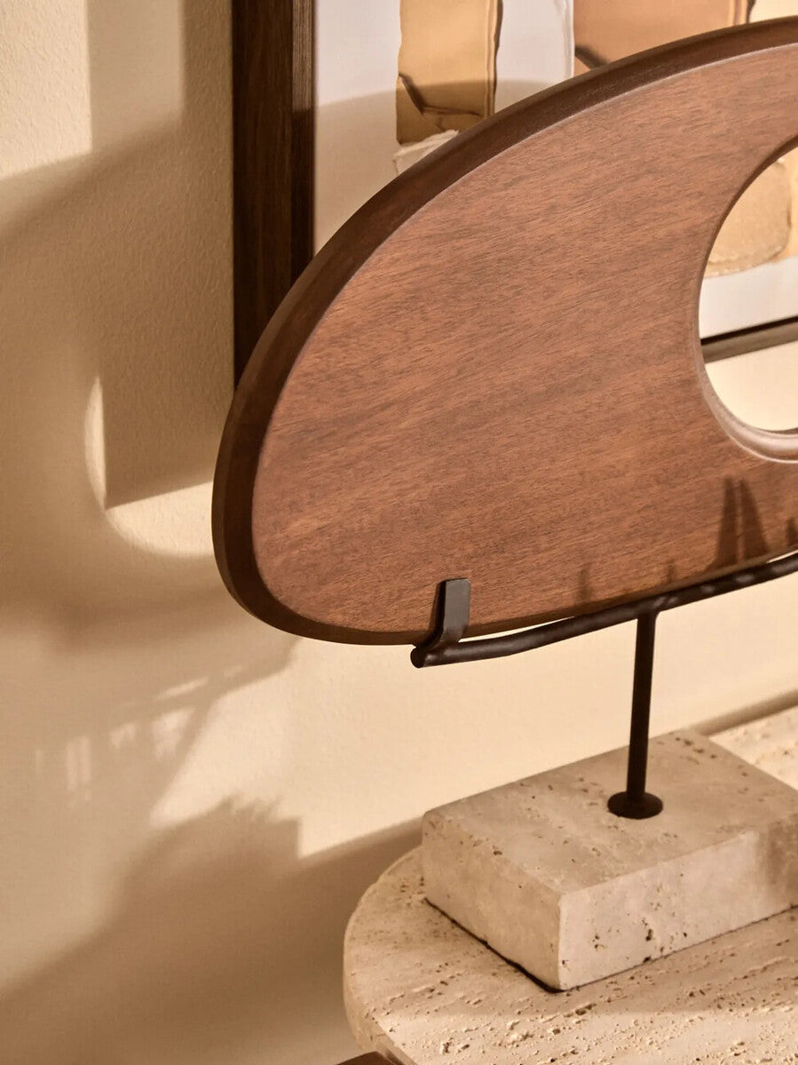 Natural Wood Horizontal Sculpture with Travertine Base | Westo