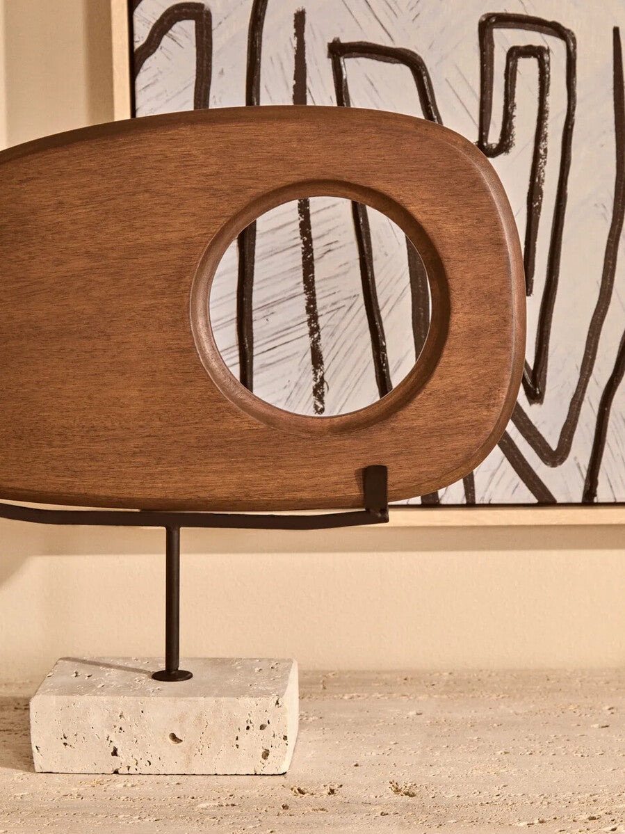 Natural Wood Horizontal Sculpture with Travertine Base | Westo