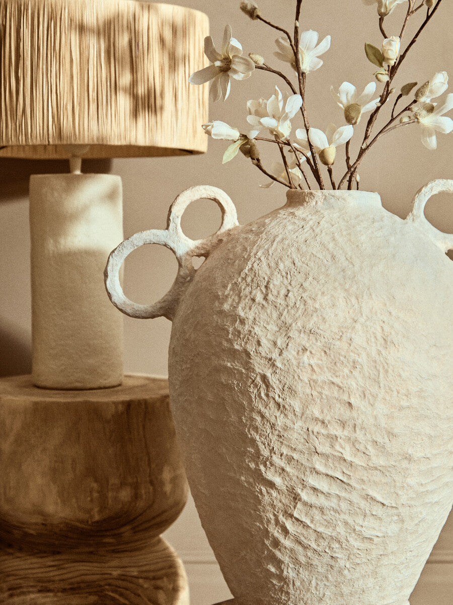 Natural Papier Mache Table Lamp with Natural Raffia Shade | Carta