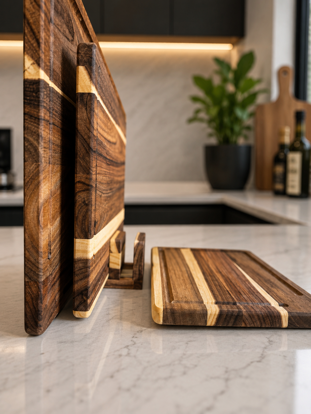 Premium Acacia Wood Chopping Board Set with Stand – 4 Piece Kitchen Collection