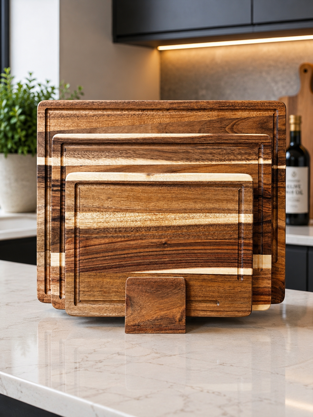 Premium Acacia Wood Chopping Board Set with Stand – 4 Piece Kitchen Collection